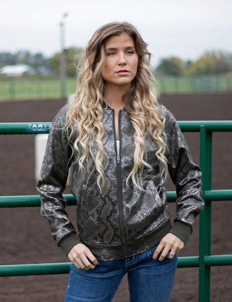 Easy Care Machine Washable Heavyweight Durability Cowgirl Tuff Womens Midweight Snakeskin Green Polyester Athletic Shell Jacket