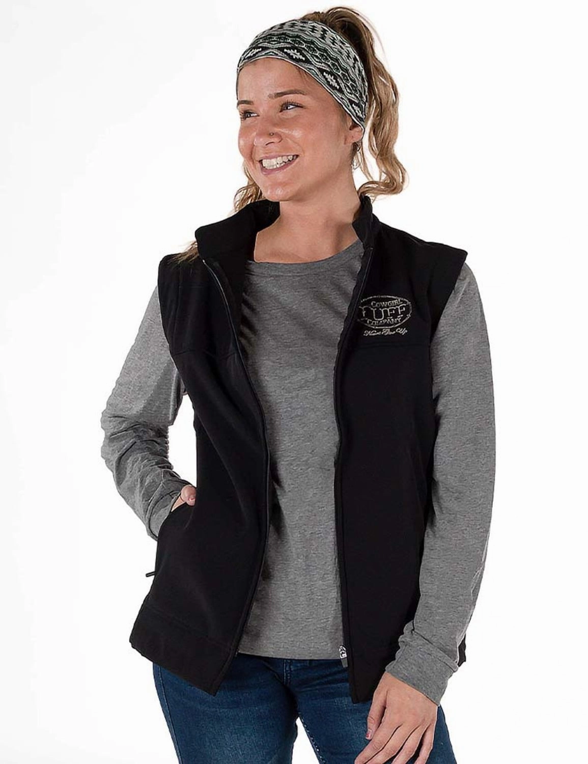 Light Reflectivity Trim Cowgirl Tuff Womens Stretch Black Nylon Softshell Vest