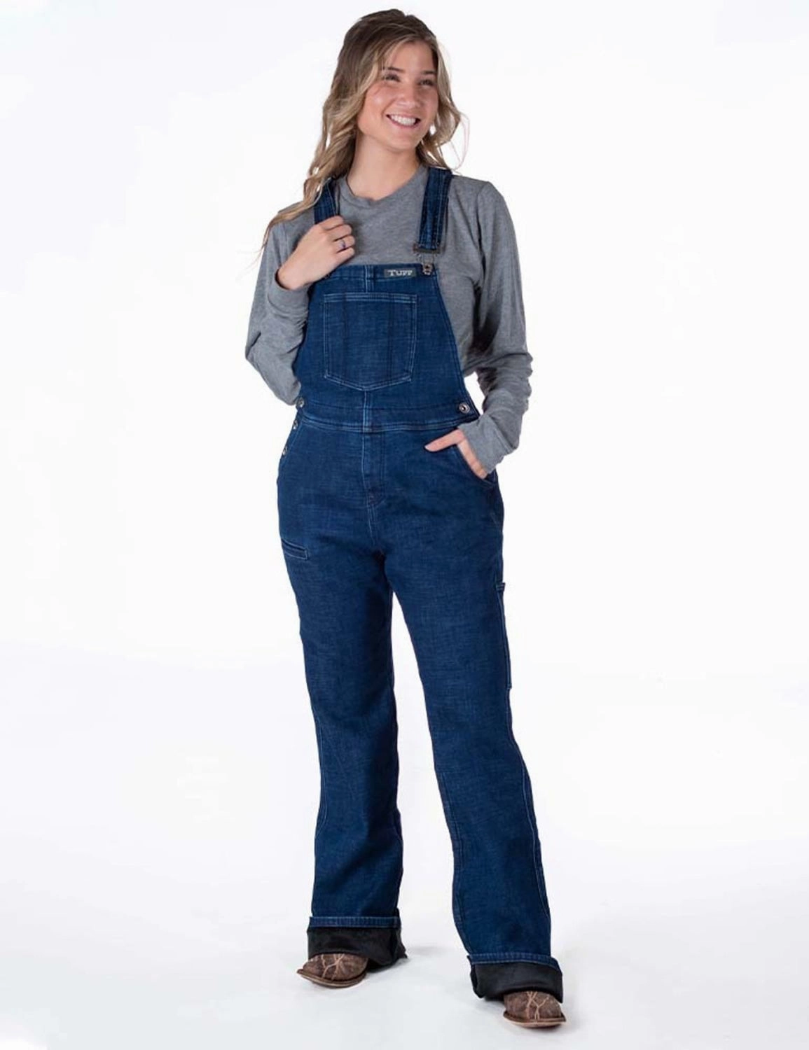Cowgirl Tuff Womens Stretch Winter Dark Wash Cotton Blend Bib Overall Outdoor Style Staple Outer Chill Piece