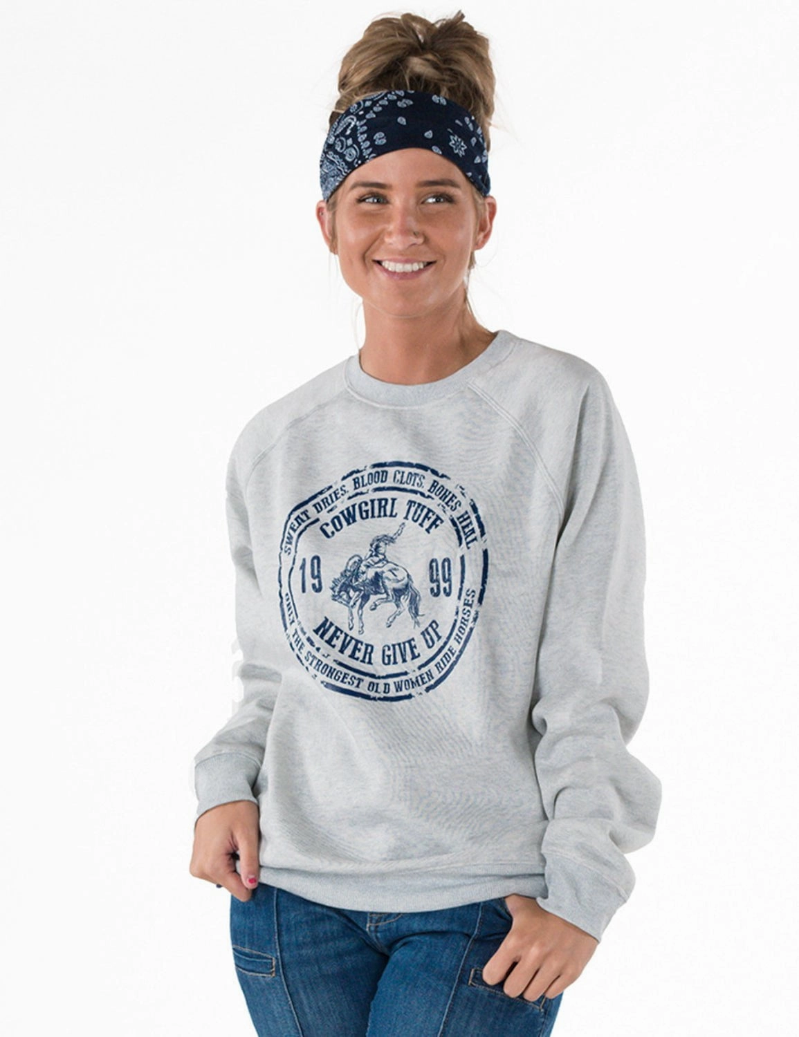 Cowgirl Tuff Womens Sweat Dries Blood Clots Ash Poly/Rayon Sweatshirt Chilly Weather Wear Minimal Style