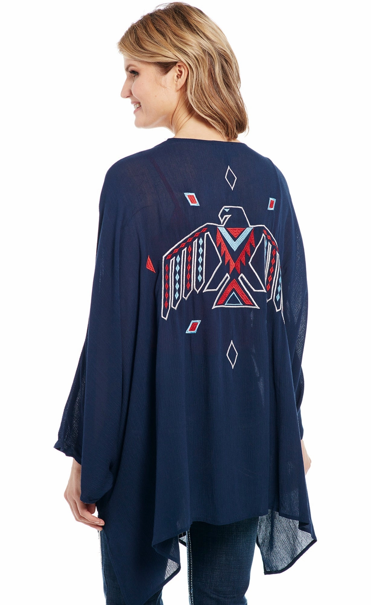 Cowgirl Up Womens Navy 100% Rayon Embroidered Kimono Cardigan Ribbed Hem Detailing