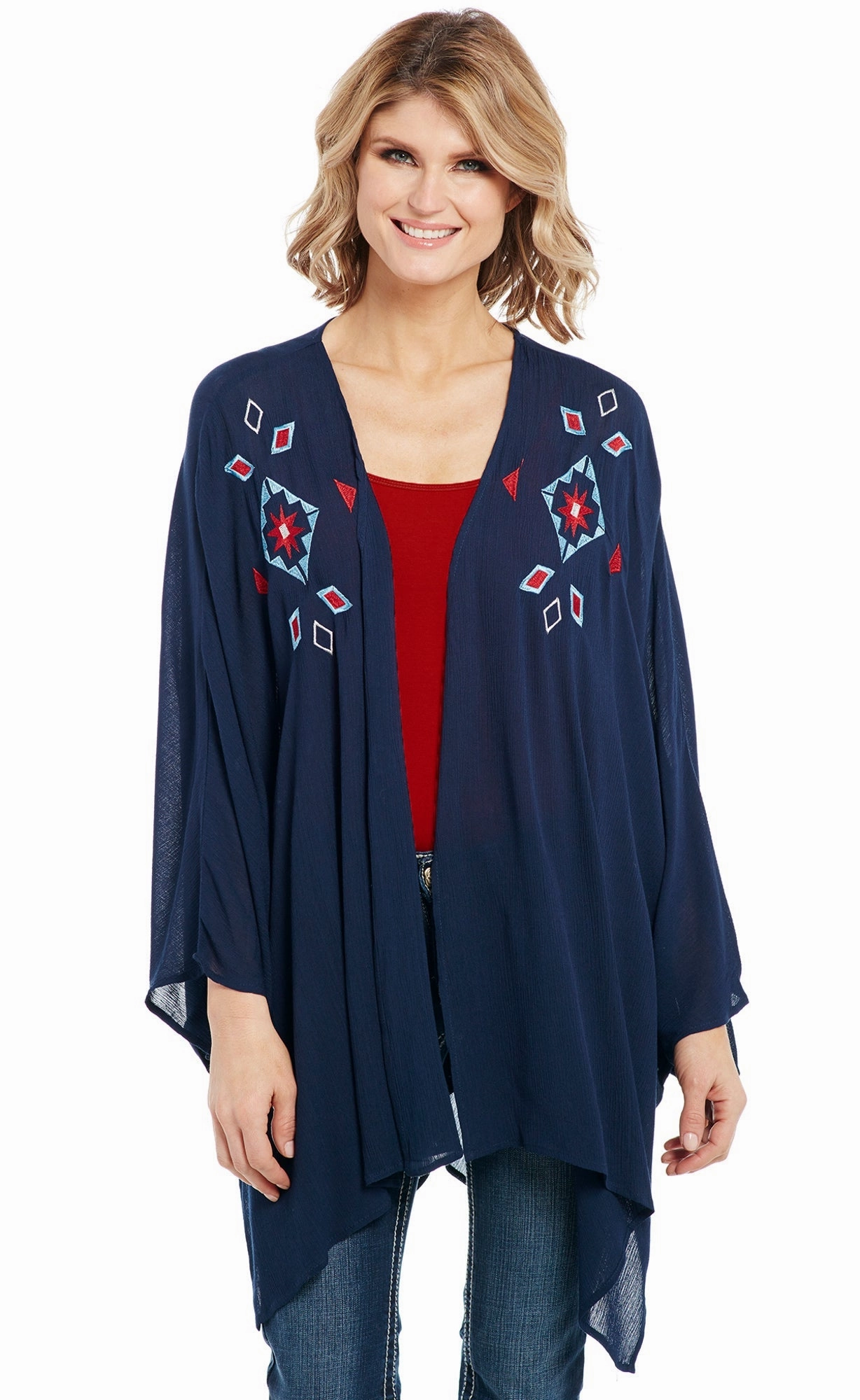 Cowgirl Up Womens Navy 100% Rayon Embroidered Kimono Cardigan Snuggle Layers Fade Resistant Finish