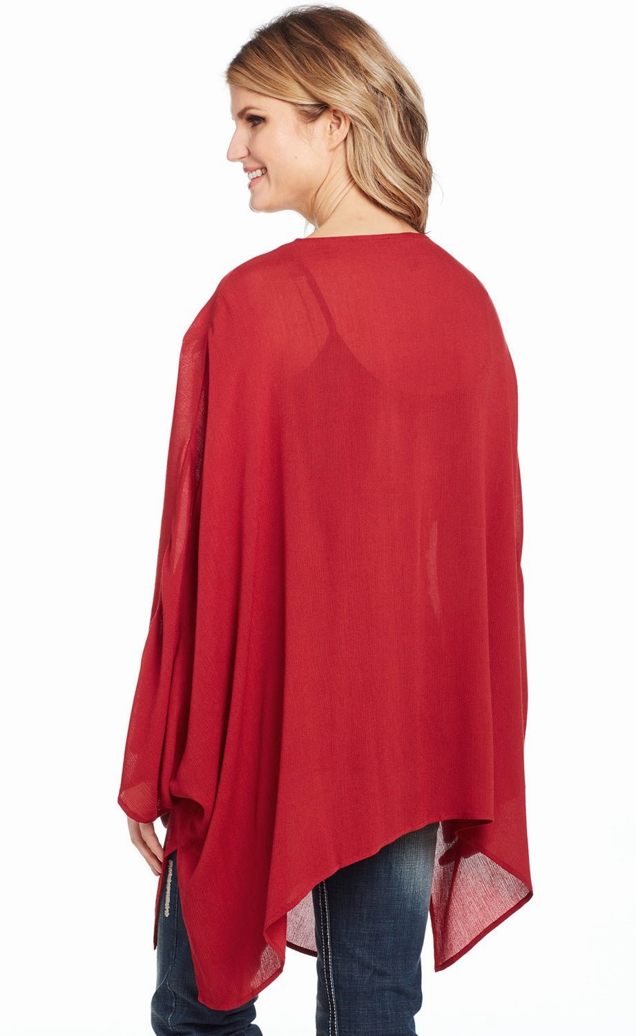 Cowgirl Up Womens Red Rayon Open Kimono Sweater Knit Look