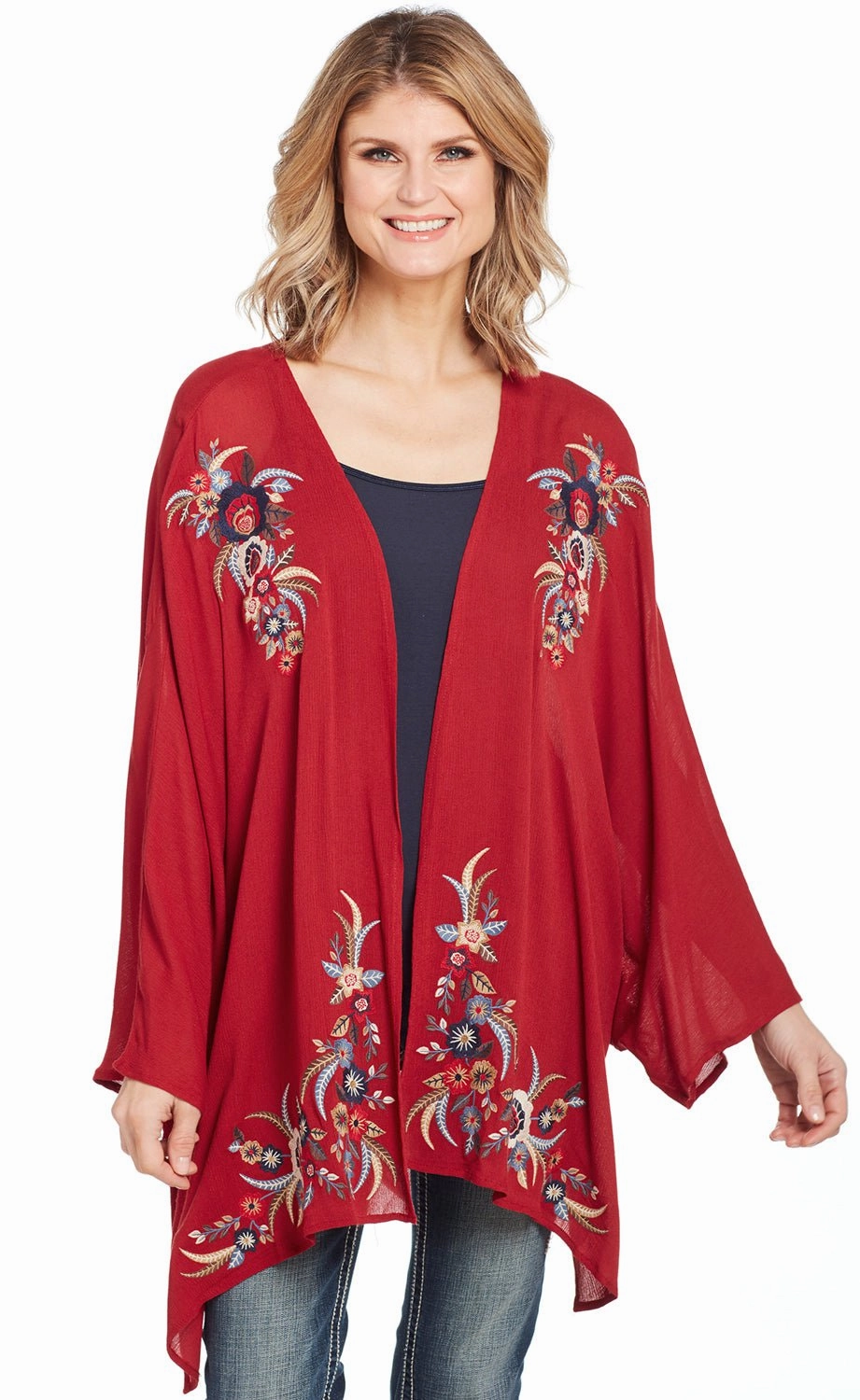 Moisture Wicking Fibers Cowgirl Up Womens Red Rayon Open Kimono Sweater