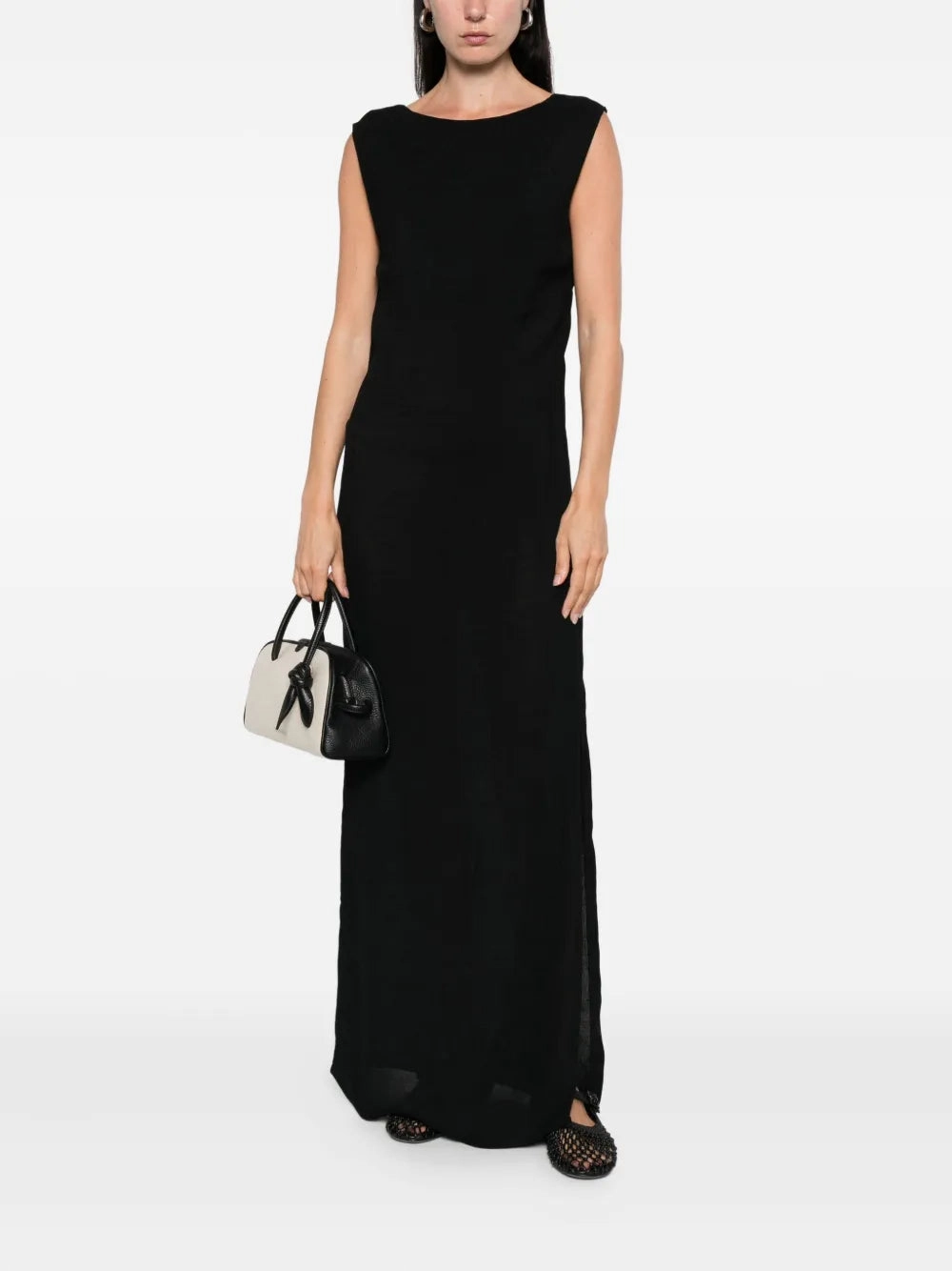 Statement Neck Cowl Back Dress in Black