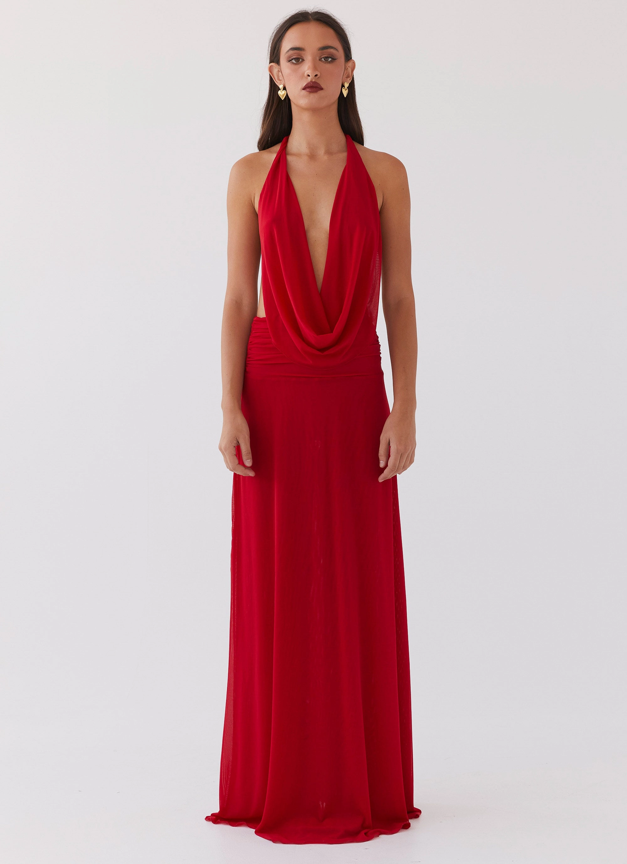 Elysia Mesh Maxi Dress - Cherry Red Adjustable Straps