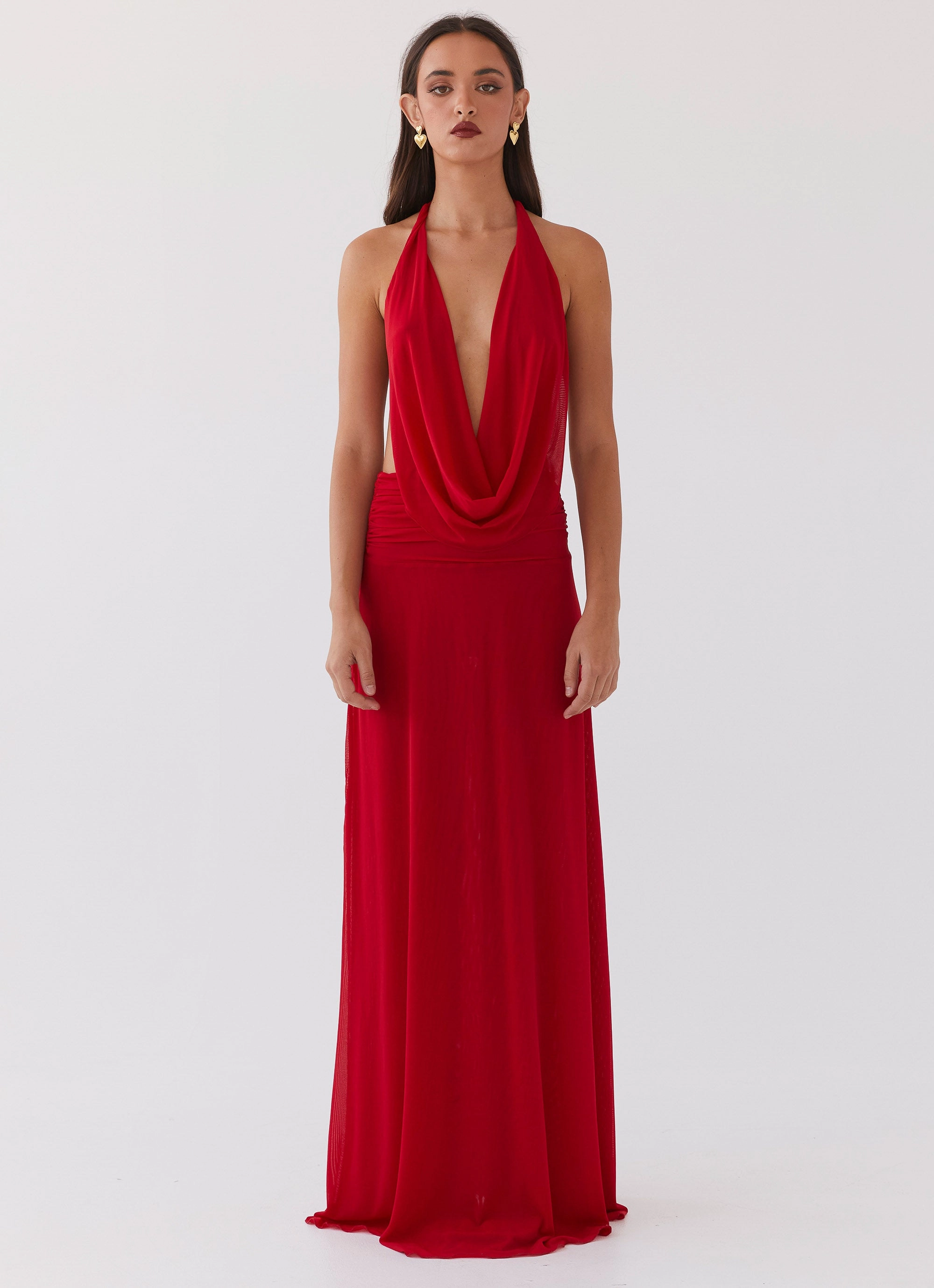 Elysia Mesh Maxi Dress - Cherry Red Subtle Charm Luxury-Fabric