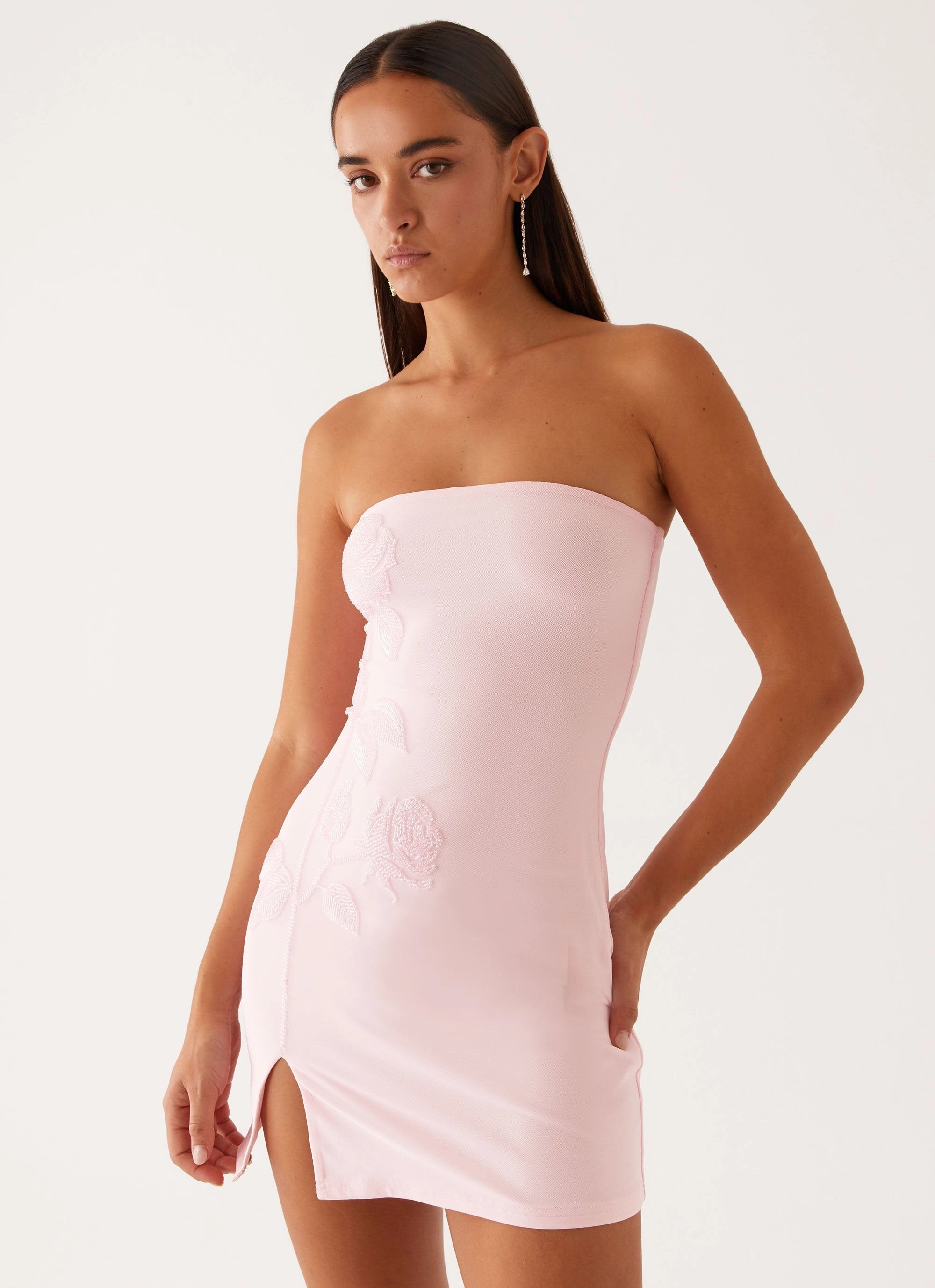 Contrast-Piping Enora Beaded Mini Dress - Baby Pink
