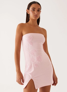 Off-Shoulder Simple Elegance Enora Beaded Mini Dress - Baby Pink