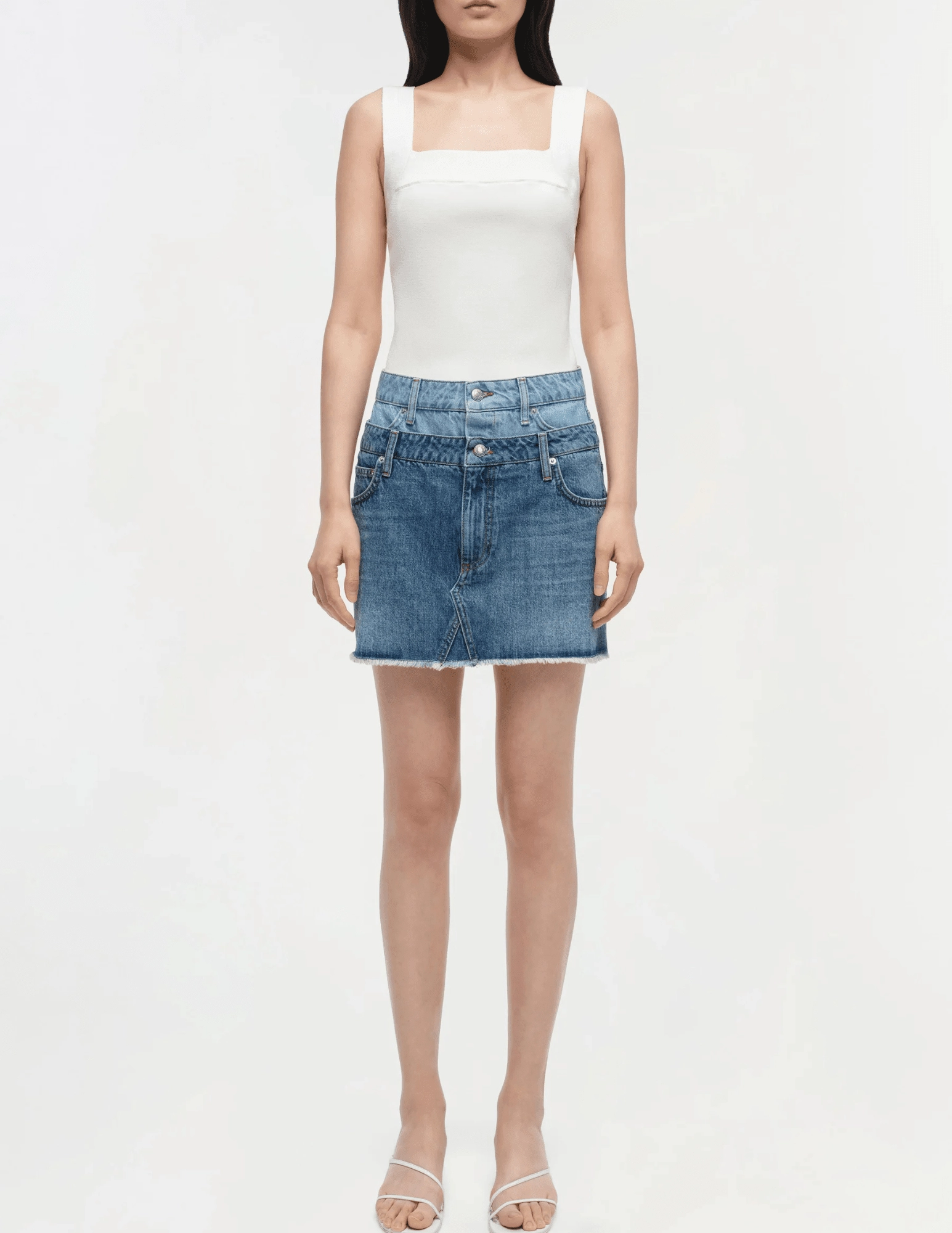 Travel Vibes Semi Sheer Simkhai Salix Double Waistband Denim Mini Skirt in Catalina Trancoso SALE