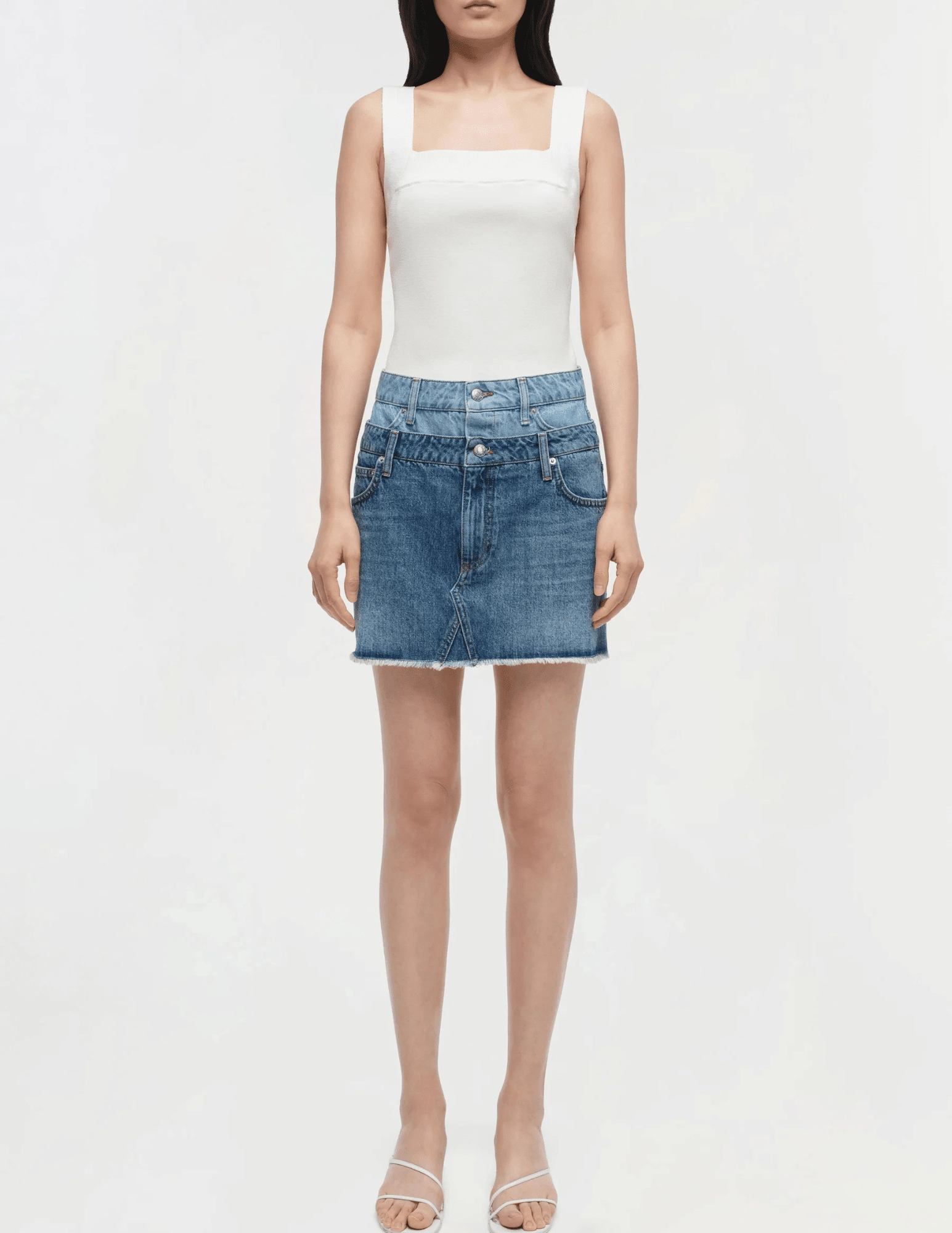 Simkhai Salix Double Waistband Denim Mini Skirt in Catalina Trancoso SALE Smooth zipper closure Durable Seam Construction