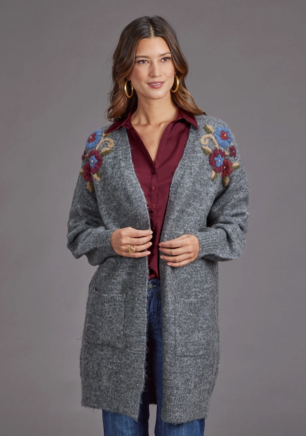 Stylish Knit Relaxed Neckline Stetson Womens Floral Embroidered Grey Acrylic Blend Cardigan Sweater