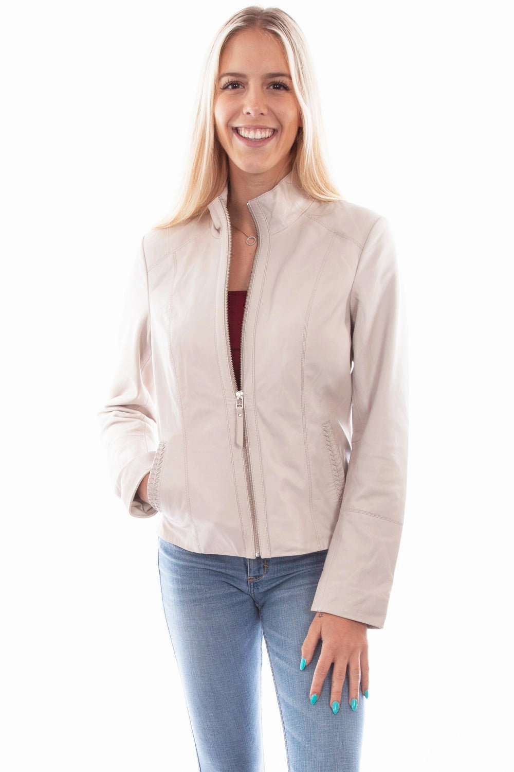 Wrinkle Resistant Scully Womens Beige Leather Zip Stand Up Jacket