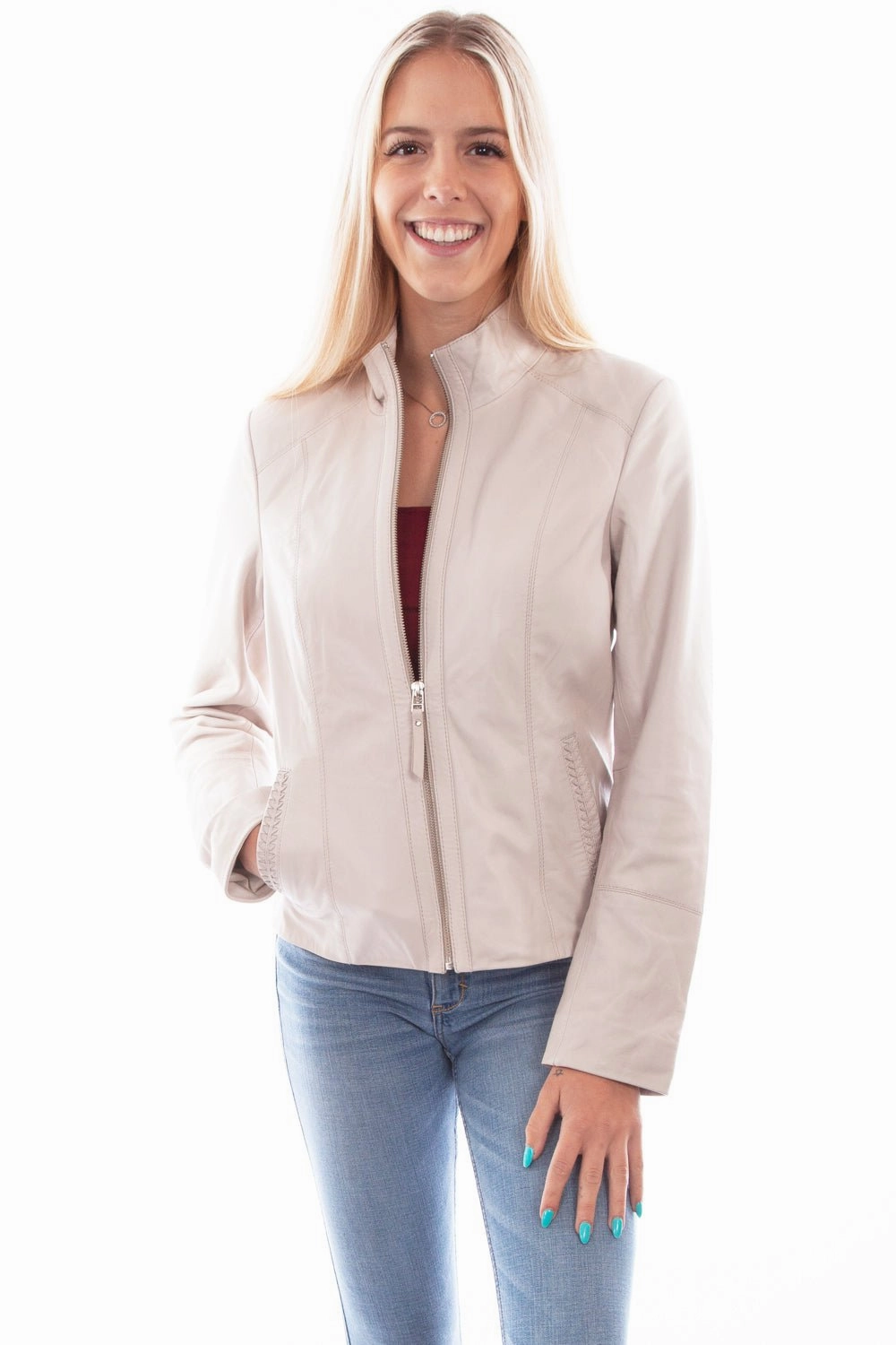Scully Womens Beige Leather Zip Stand Up Jacket Everyday apparel