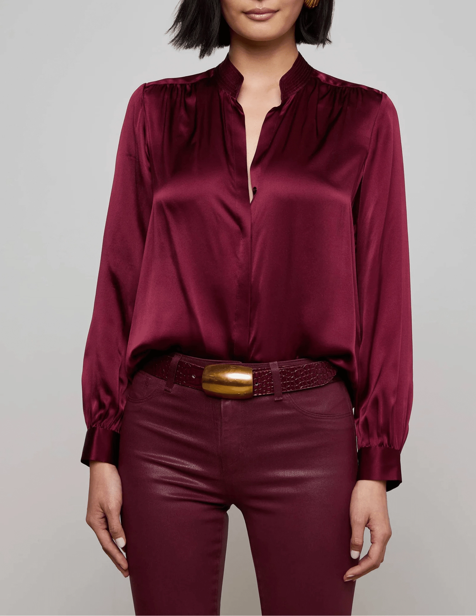 LayeredDurability L'AGENCE Bianca Band Collar Blouse in Dark Port