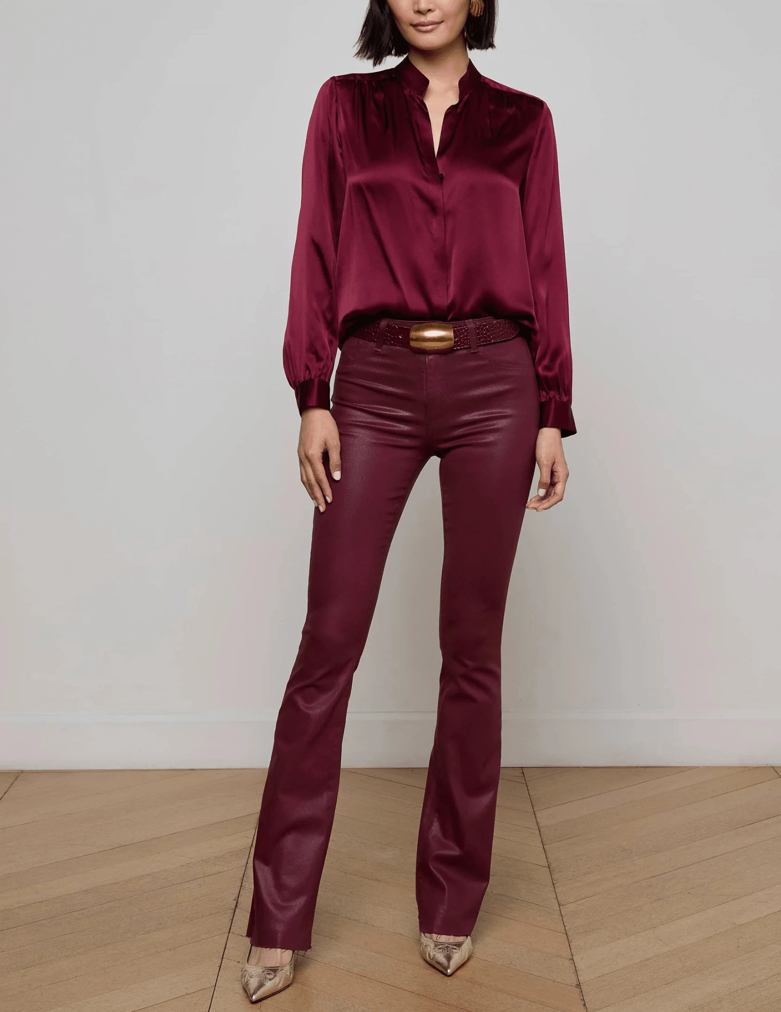 L'AGENCE Bianca Band Collar Blouse in Dark Port Minimalist Design