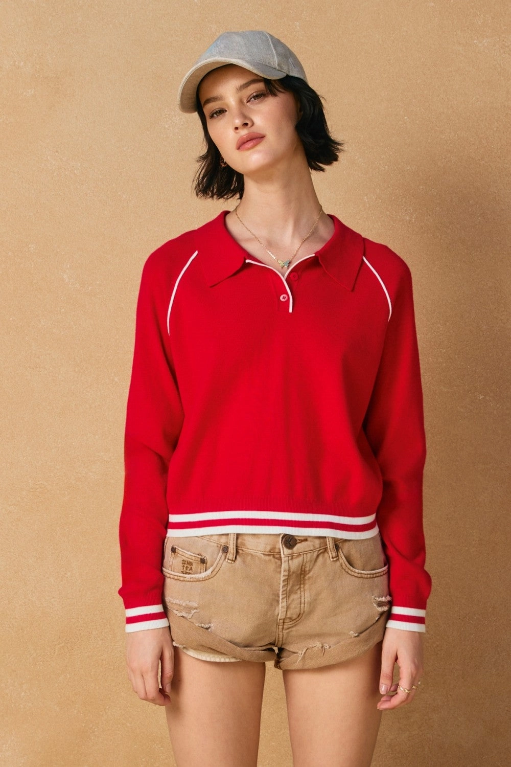 Unstructured Silhouette Machine Washable Fabric Polo Contrast Trim Sweater