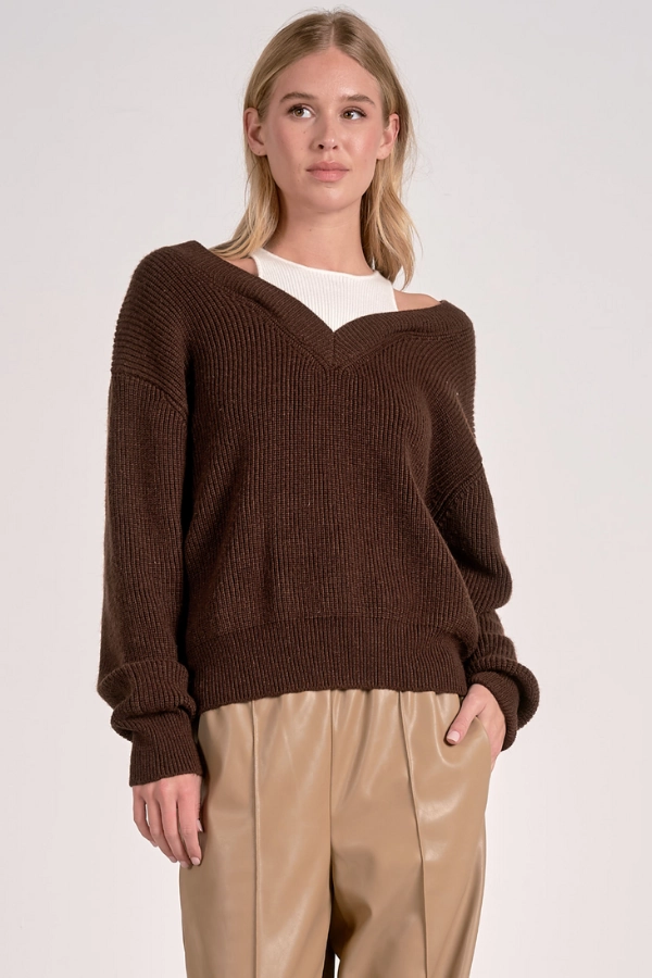Anti Static Fabric ZonalVentilation Deep V-Neck Sweater - Brown