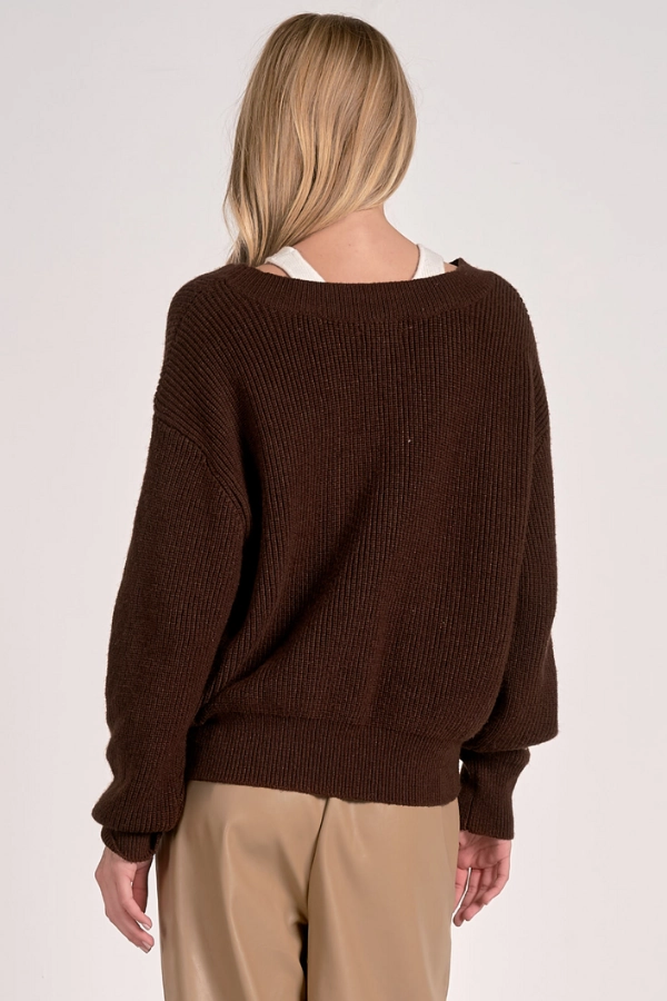 Recycled Polyester Blend Double Stitched Hems Deep V-Neck Sweater - Brown