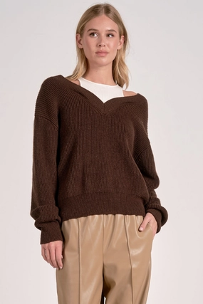 Winter Wear Warm Fashion Deep V-Neck Sweater - Brown