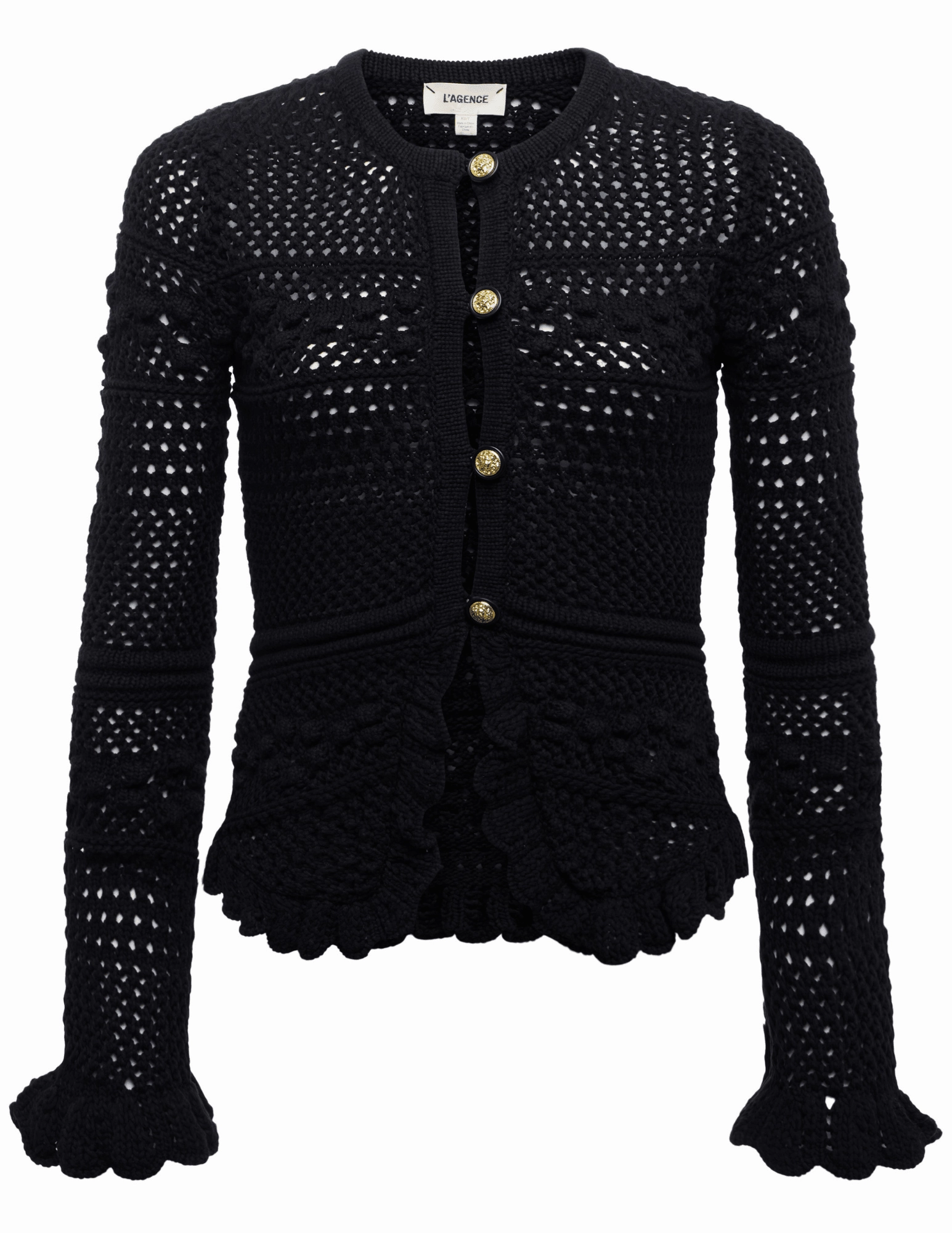 L'AGENCE Kiva Open Stitch Ruffle Cardigan in Black Anti Pilling Surface Zero Waste Manufacturing