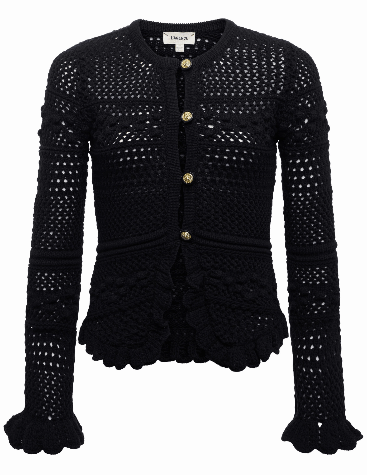 Trendy Wardrobe L'AGENCE Kiva Open Stitch Ruffle Cardigan in Black