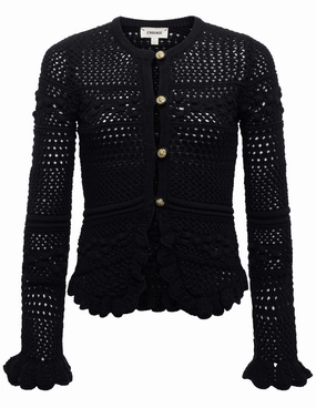 Cozy Touch Static Reducing Finish L'AGENCE Kiva Open Stitch Ruffle Cardigan in Black