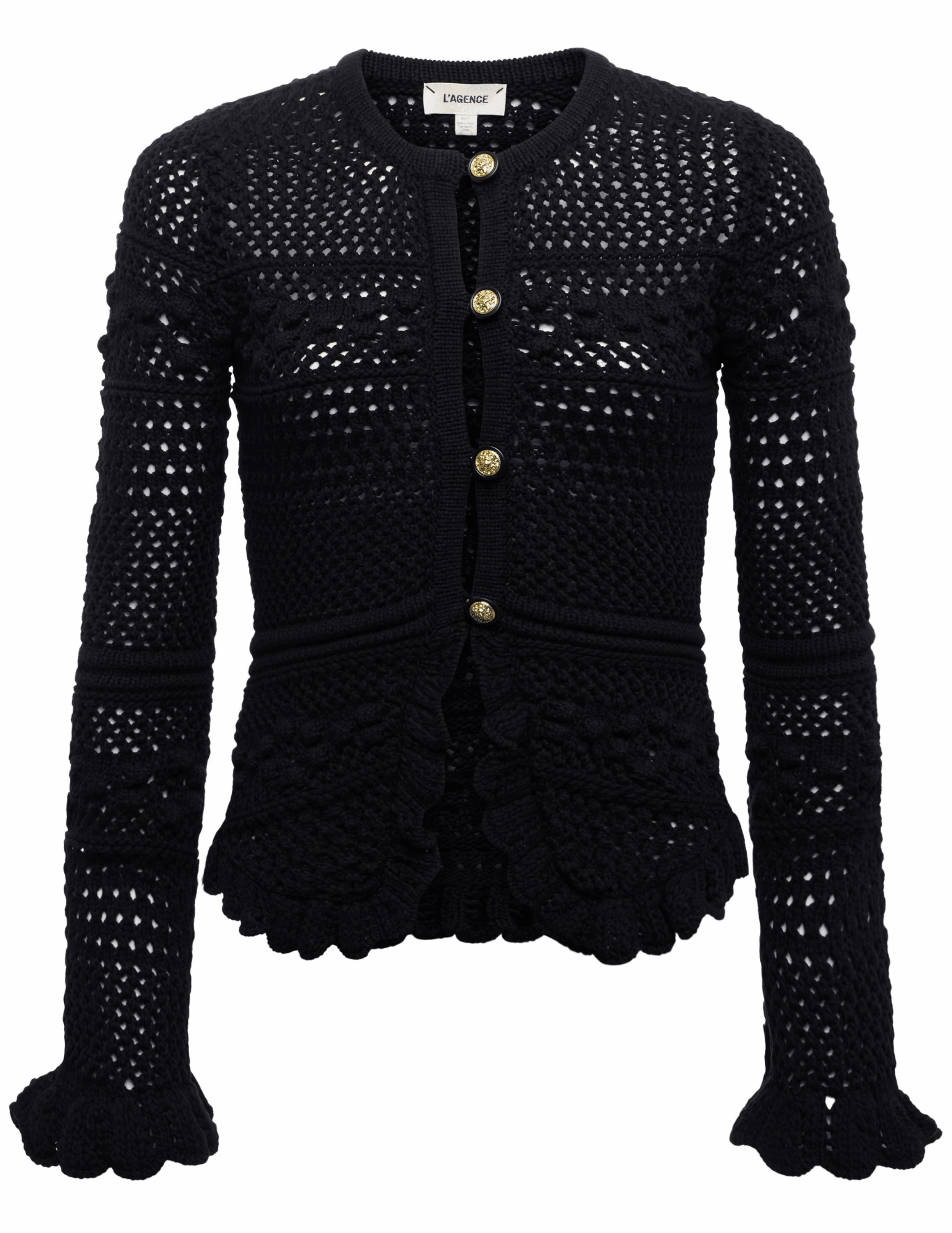 L'AGENCE Kiva Open Stitch Ruffle Cardigan in Black Smart Motion Elastic Free Cuffs