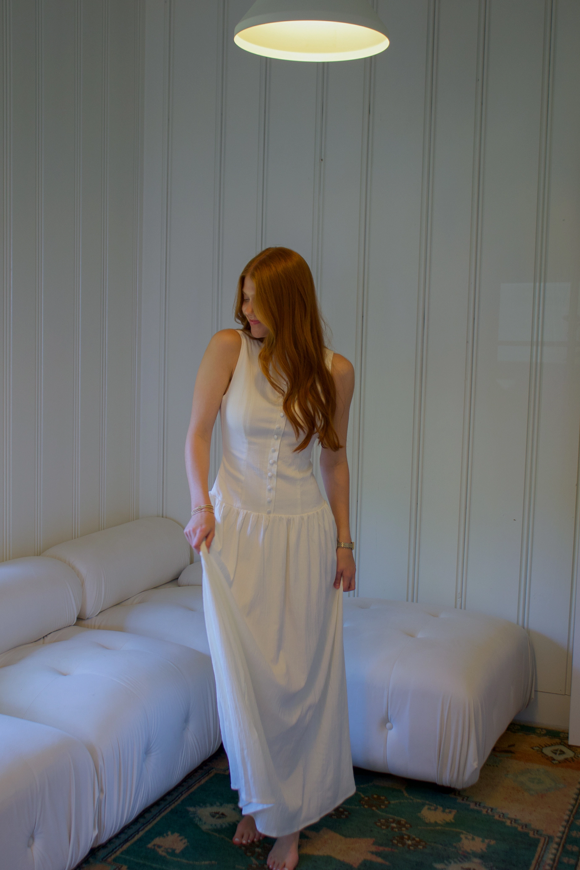 Linen Button Down Maxi Dress - Off White Flared-Hem Stylish Look