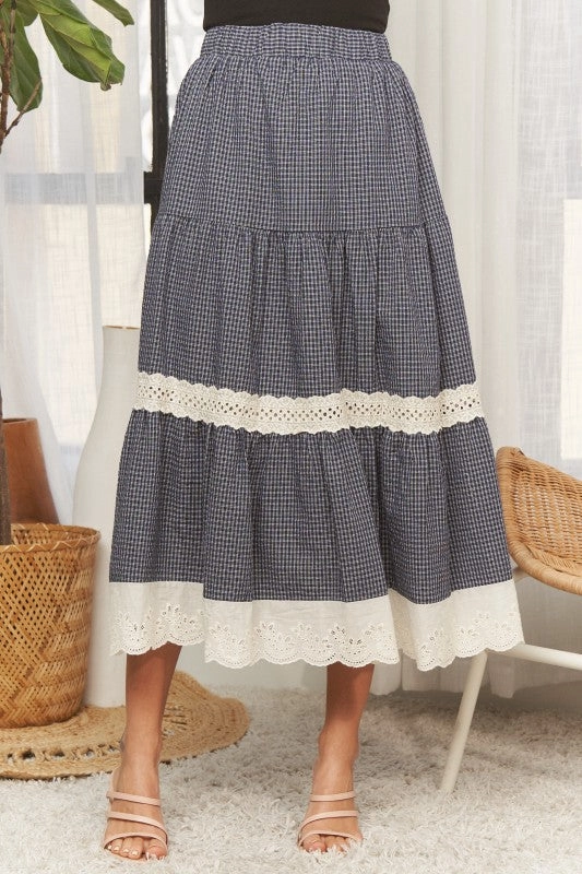 Xiomara Gingham Tiered Midi Skirt Reinforced Hems
