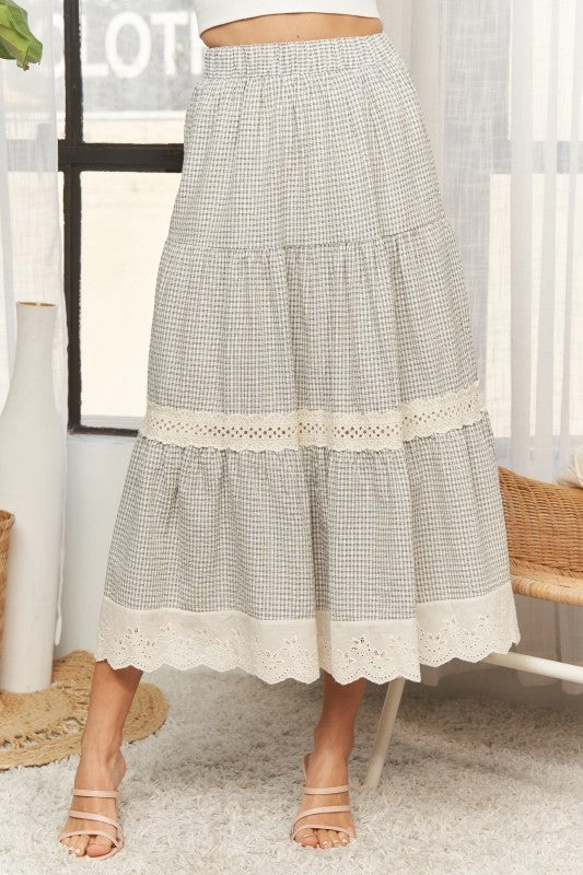 Xiomara Gingham Tiered Midi Skirt Contrast Panel