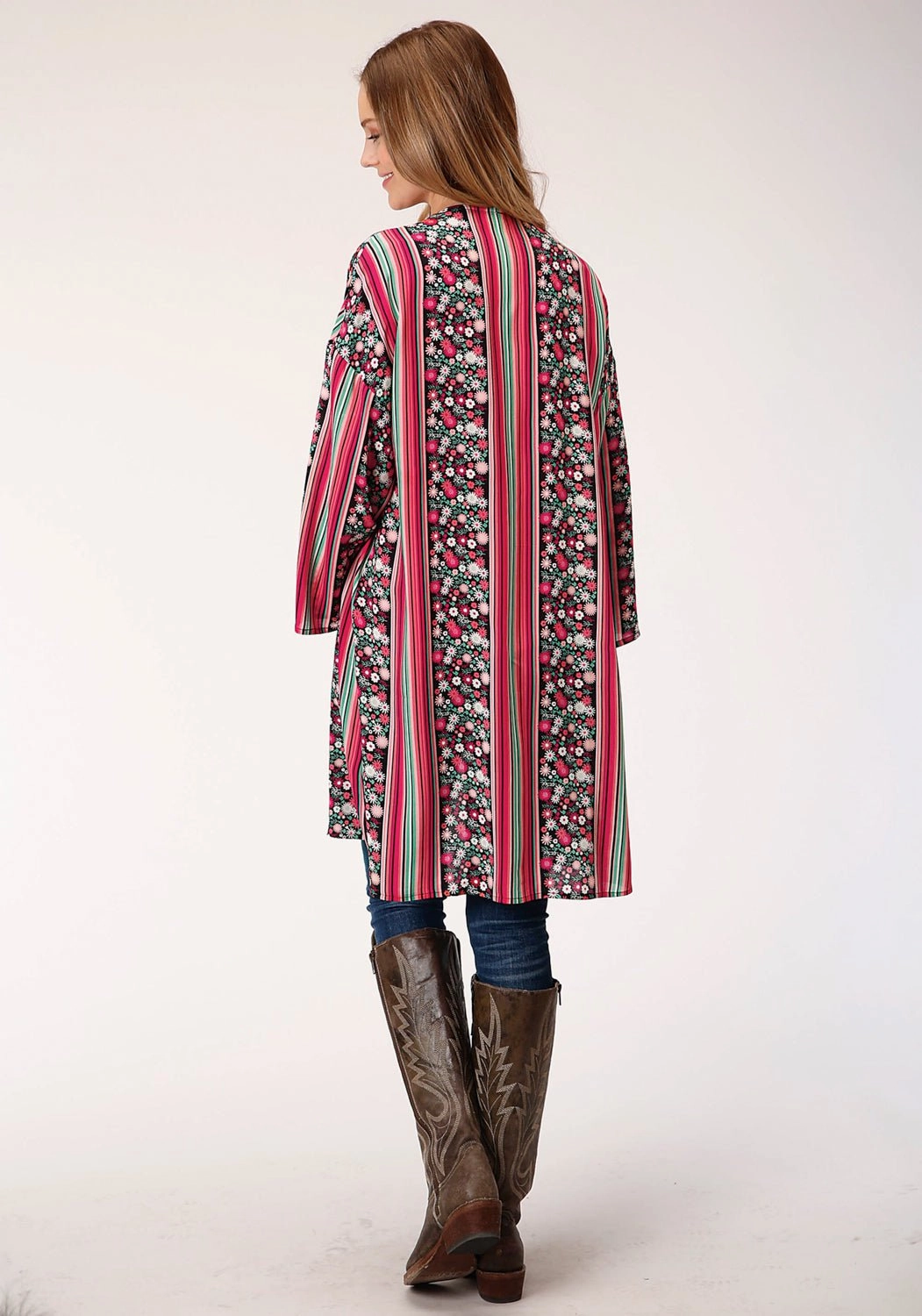 Flexible Fabric Roper Womens Black Rayon/Nylon Floral Stripe Cardigan