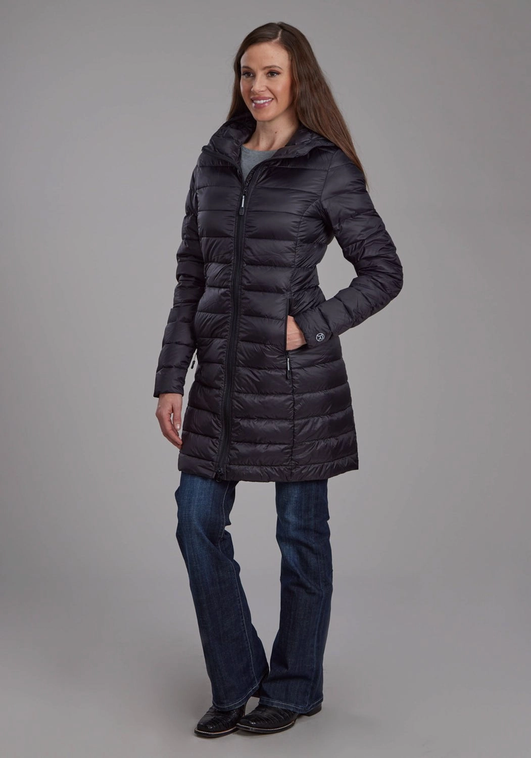 Roper Womens Long Down Filled Black 100% Nylon Insulated Jacket Non Restrictive Movement Stretchable Material