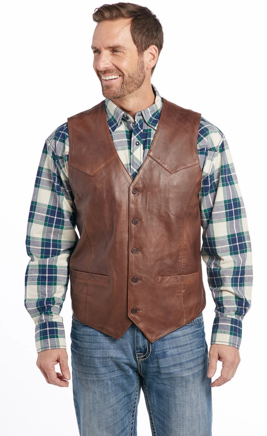 Cripple Creek Mens Button Front Nappa Vintage Brown Lamb Leather Leather Vest Wool blend Elasticated Waistband