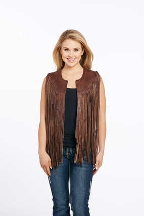 Temperature Regulating Cripple Creek Womens Antique Brown Leather Lamb Fringe Vest