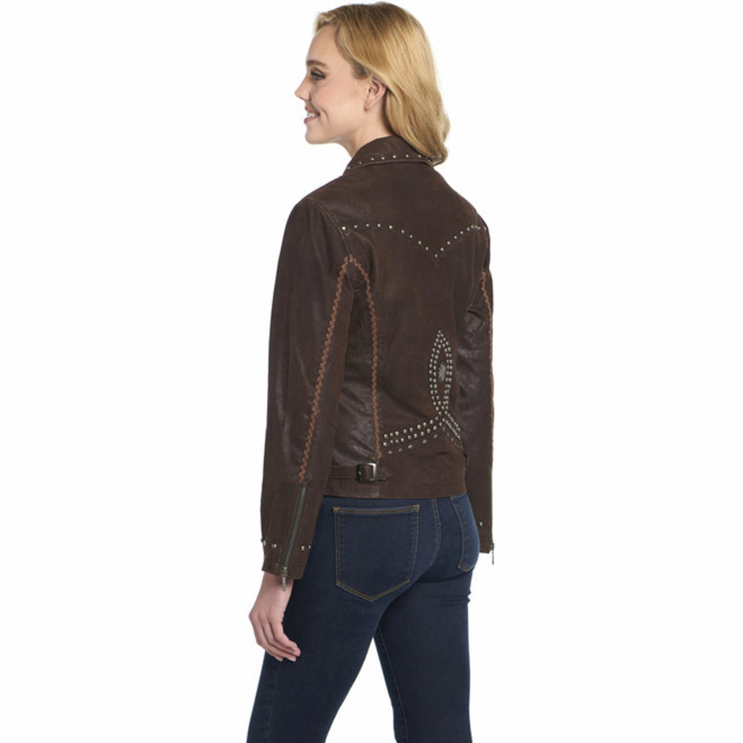 Wardrobe Essential Urban Fit Look Cripple Creek Womens Asymmetric Stud Panel Mocaccino Leather Leather Jacket