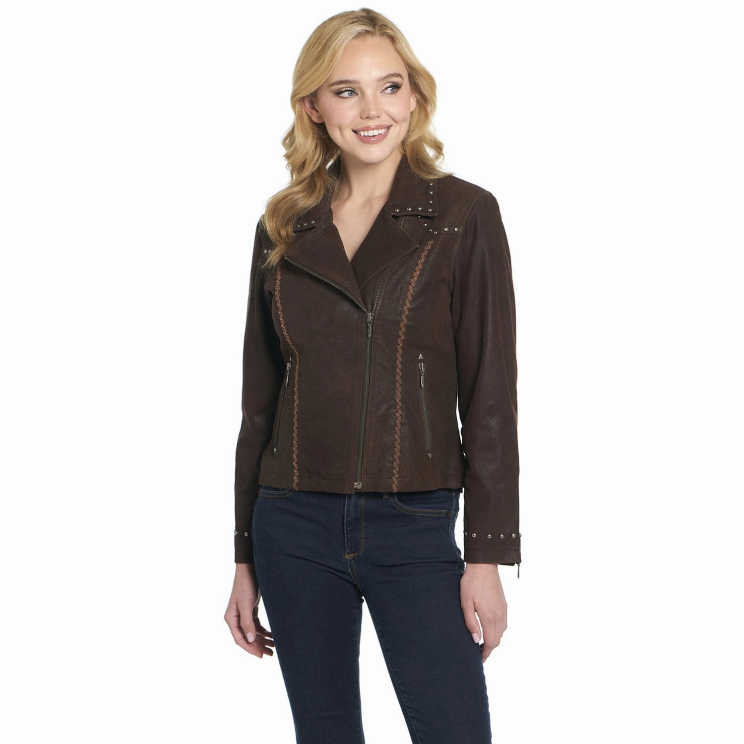 Windproof Construction Stitched Look Cripple Creek Womens Asymmetric Stud Panel Mocaccino Leather Leather Jacket