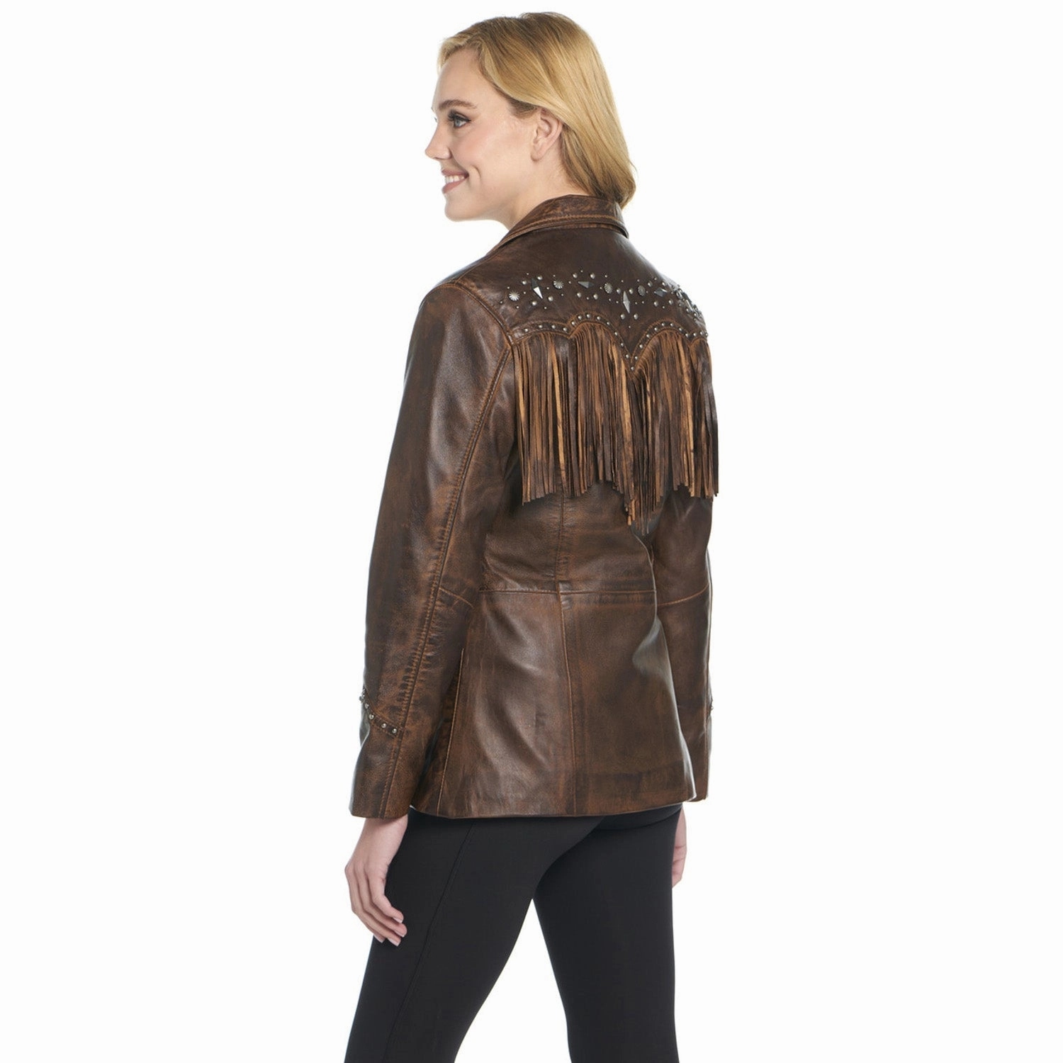 Cripple Creek Womens Front Fringe Blazer Alpine Oak Leather Leather Jacket Minimal Detailing Good Material