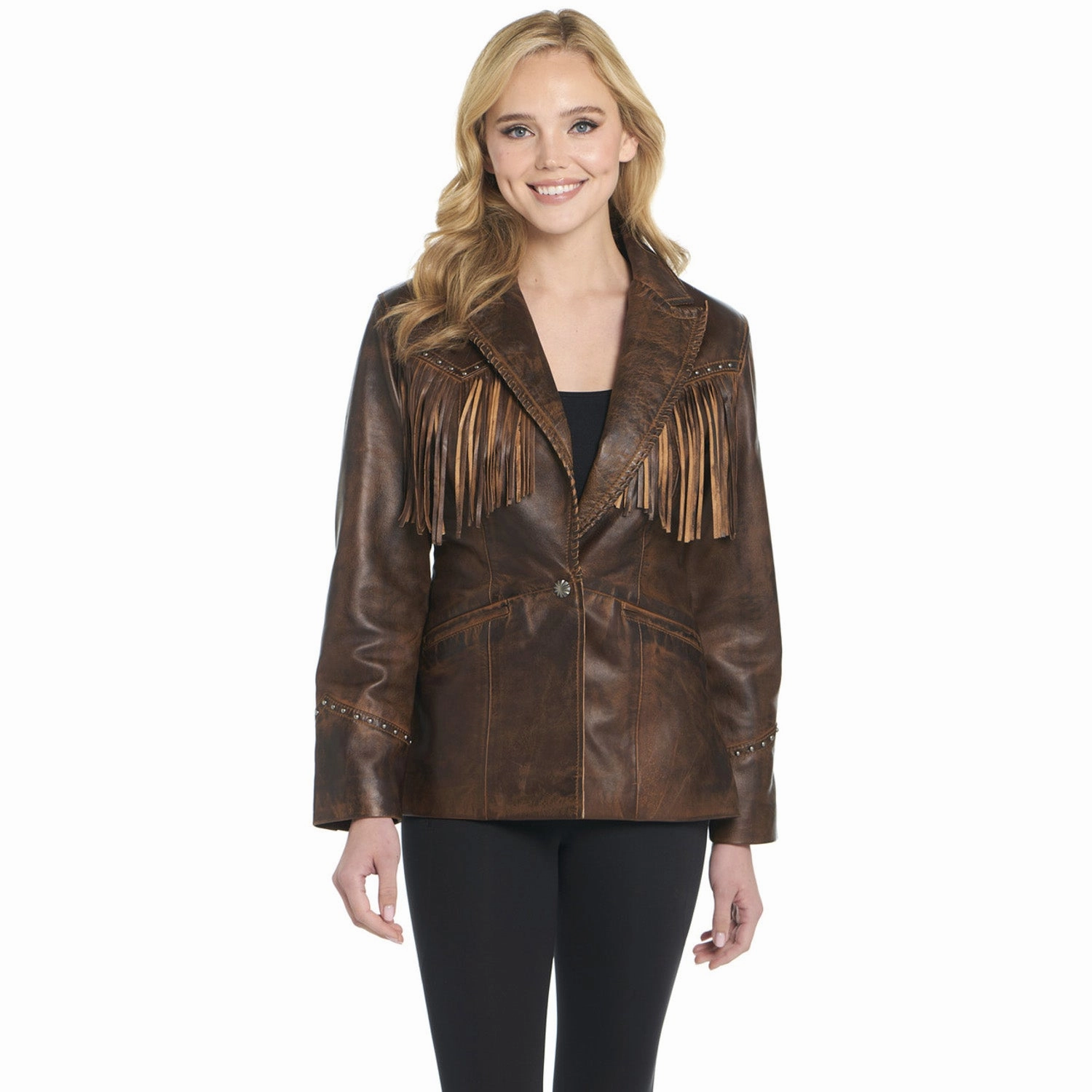 Cripple Creek Womens Front Fringe Blazer Alpine Oak Leather Leather Jacket Water Repellent Fabric