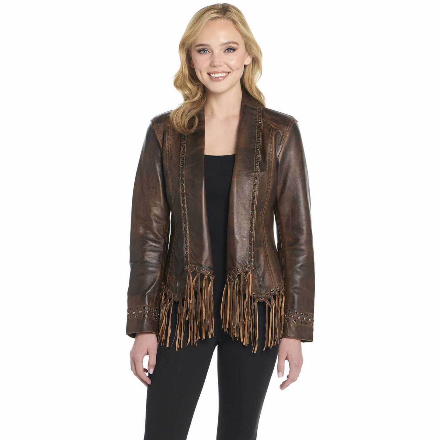 Noise Reduciting Fabric Durable Fabric Cripple Creek Womens Grommet Trimmed Alpine Oak Leather Leather Jacket