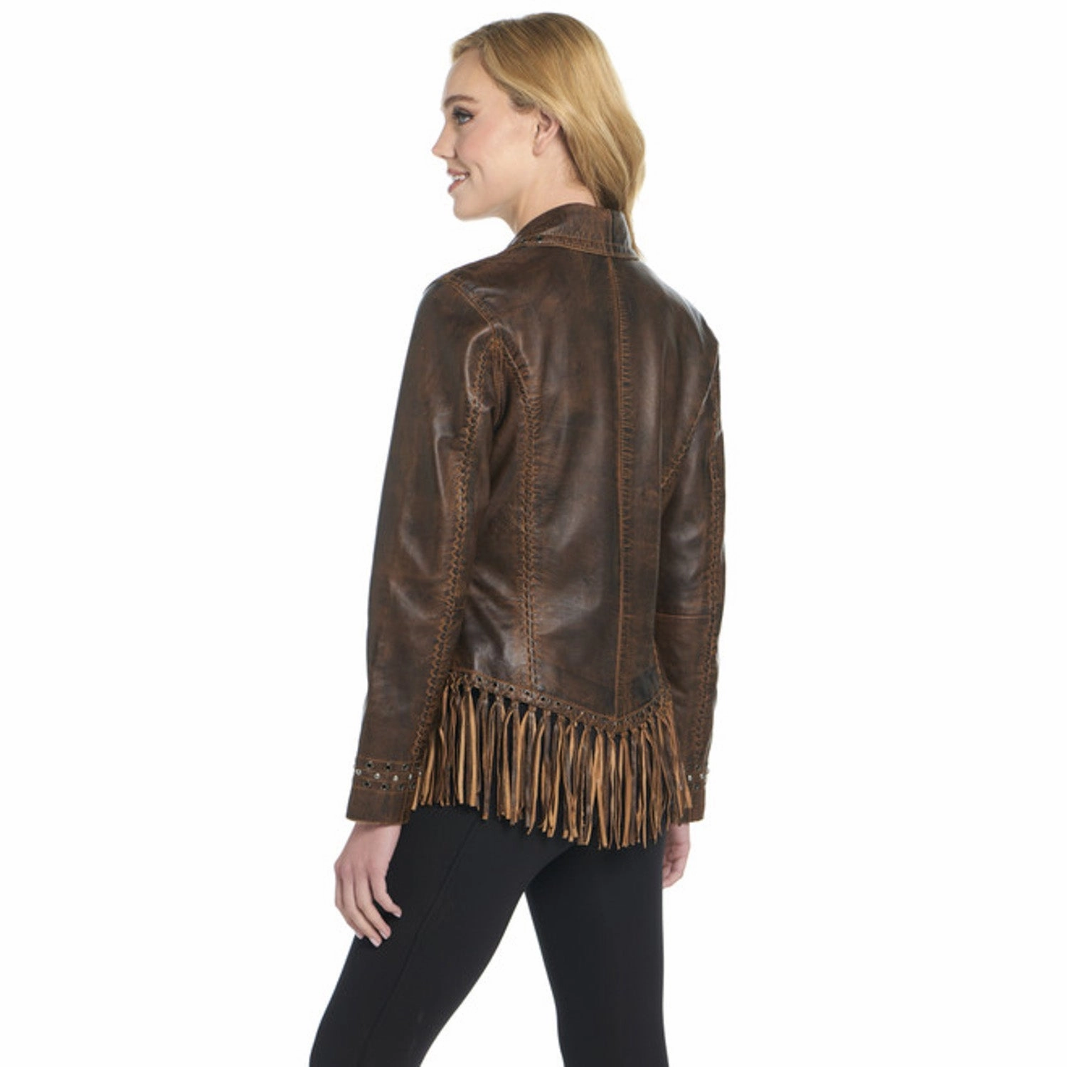 Cripple Creek Womens Grommet Trimmed Alpine Oak Leather Leather Jacket PFC Free Treatment