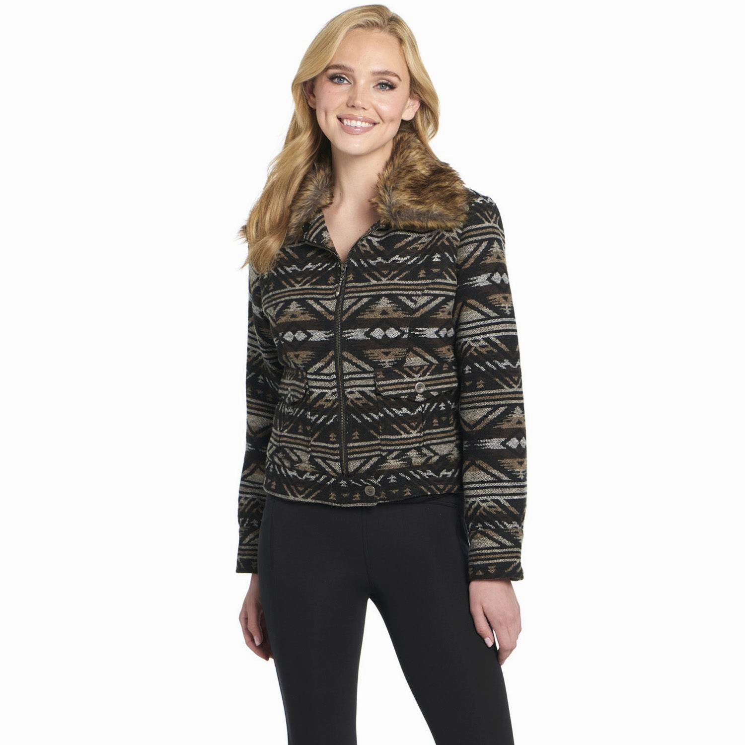 Urban Outdoor Look Stretchable Waistband Cripple Creek Womens Navajo Blanket Zip Front Americano Brown Polyester Jacket