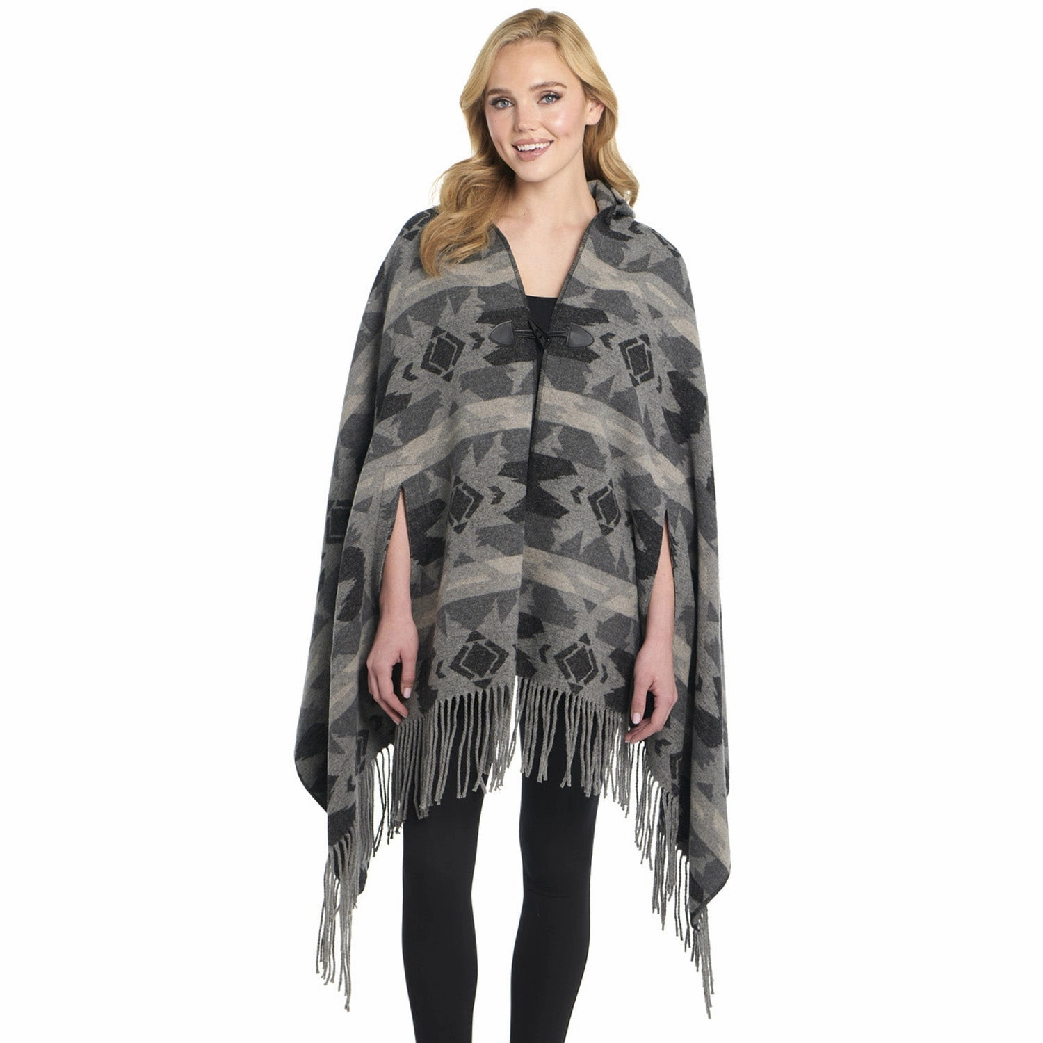 Cripple Creek Womens Navajo Open Front Hooded Mountain Mist Polyester Poncho Bias Cut Hem Details Anti Static Finish