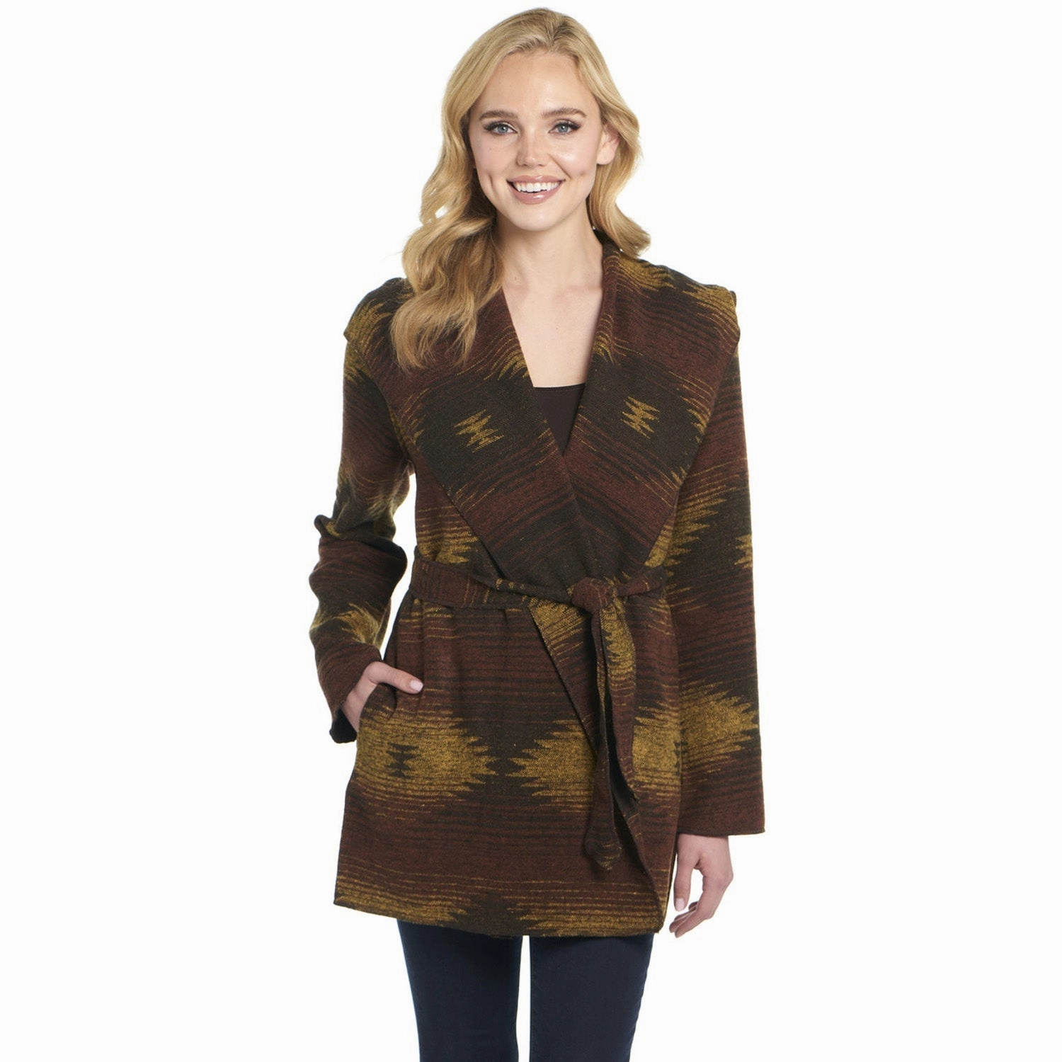 Cripple Creek Womens Navajo Tie Front Blanket Hood Golden Brown Polyester Jacket Adjustable Waistband