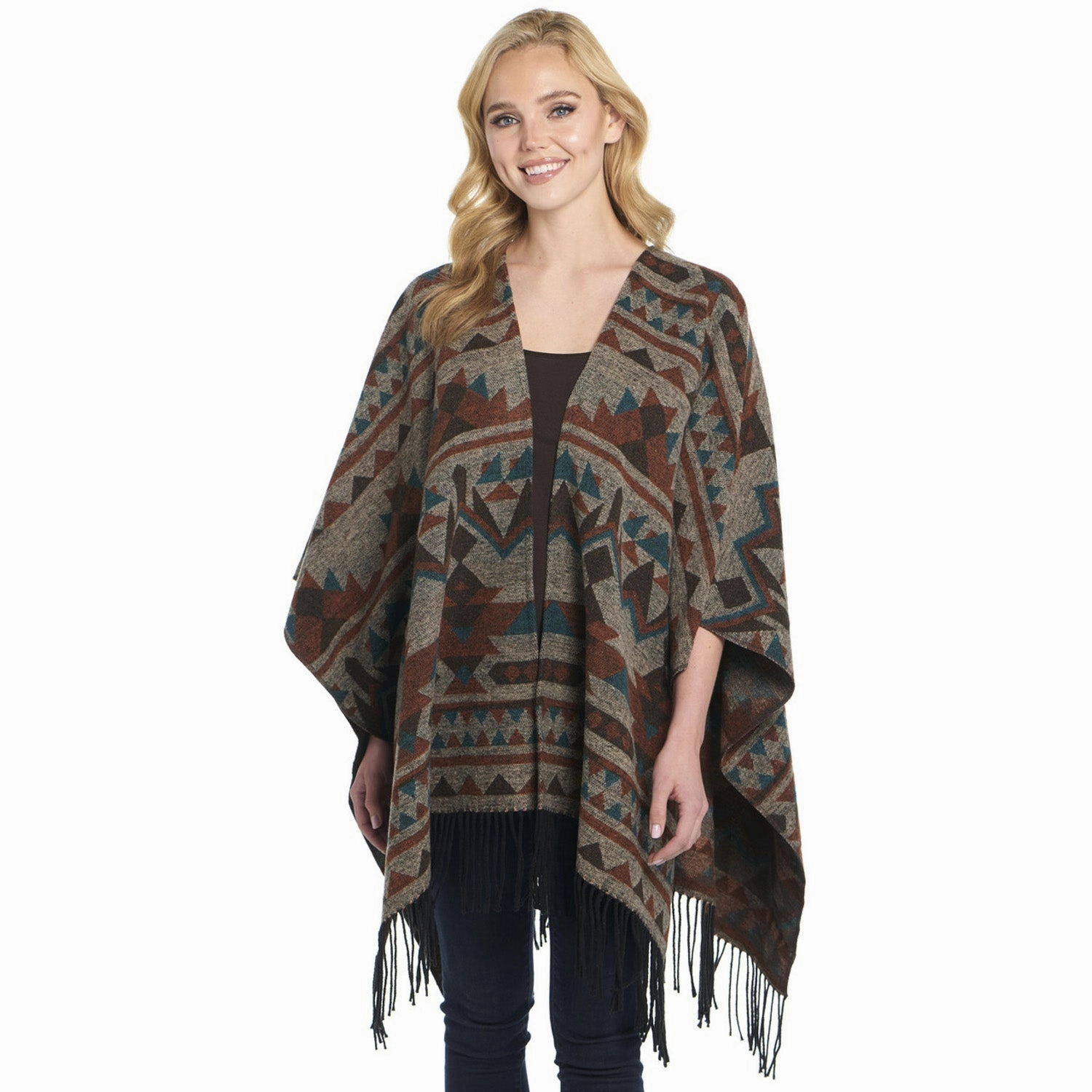 Cripple Creek Womens Open Front Blanket Wrap Chocolate Topaz Polyester Poncho Temperature Regulating Fibers