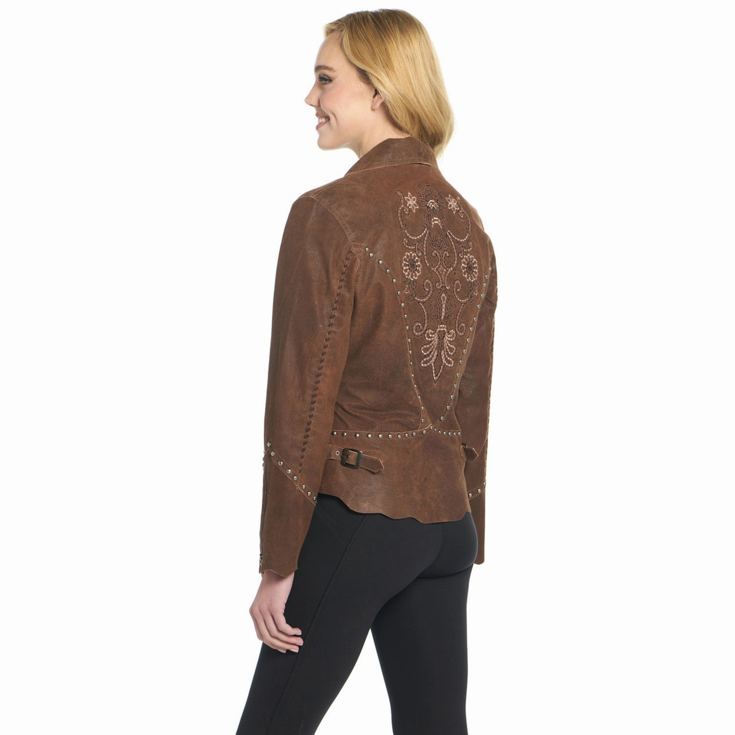 Cripple Creek Womens Studded Hand Laced Raw Edges Mustang Leather Leather Jacket Quick Release Buckle Mechanism