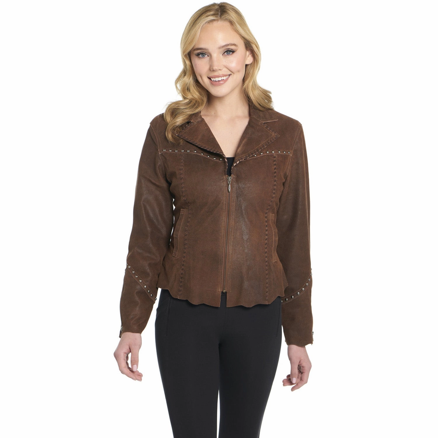 Cripple Creek Womens Studded Hand Laced Raw Edges Mustang Leather Leather Jacket All Season Compatibility Slim Silhouette