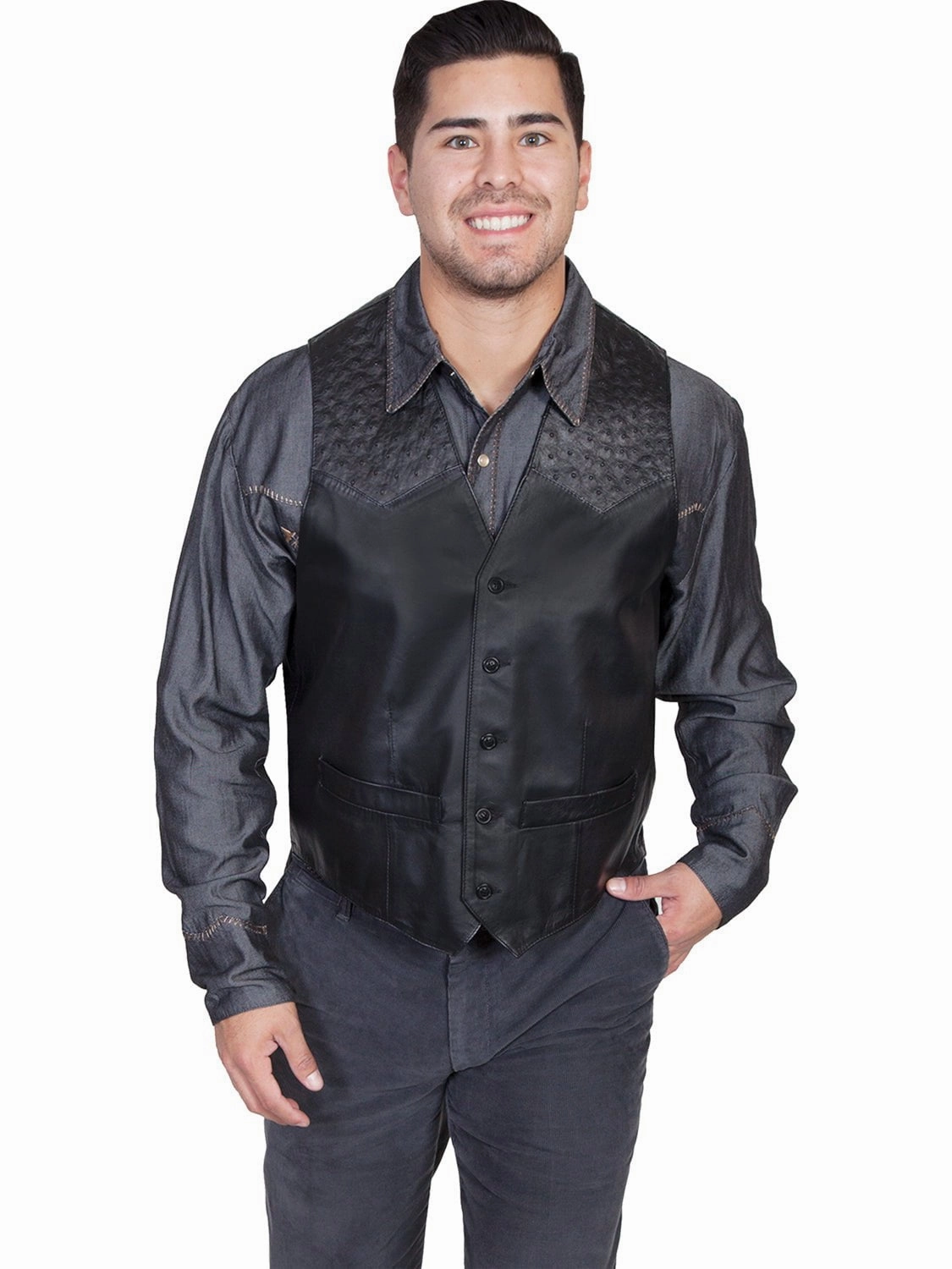 Scully Mens Black Lamb/Ostrich Western Vest Practical Everyday Fit