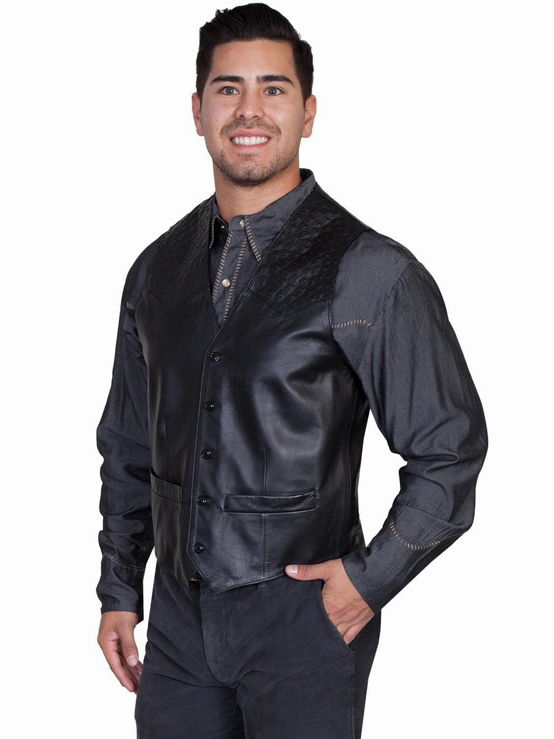 Scully Mens Black Lamb/Ostrich Western Vest Stretchable Waistband Layered Protection
