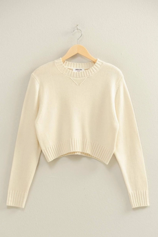 Cropped Long Sleeve Sweater Top Adjustable Hem Cuff RibbedTrim